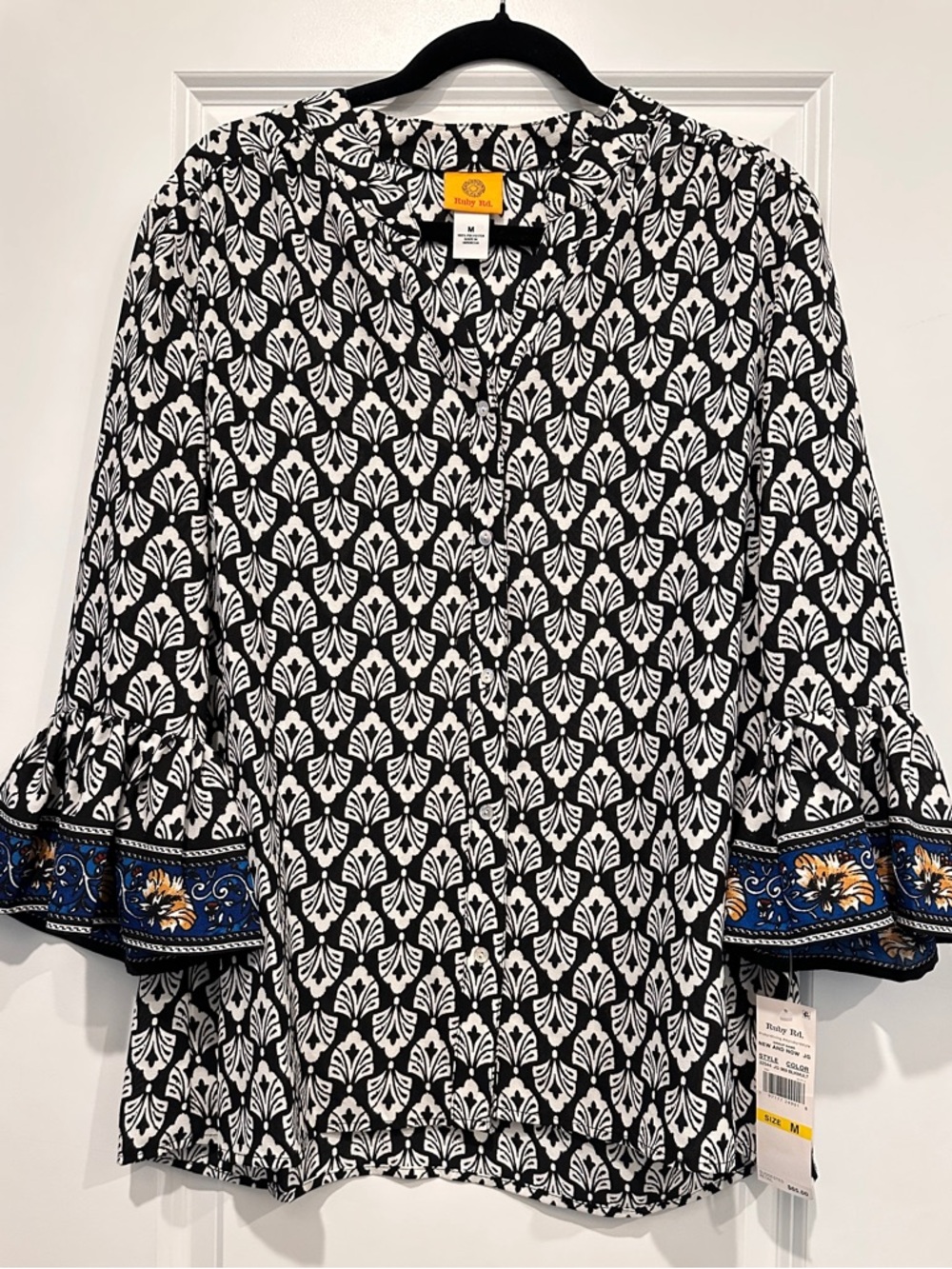 Ruby Rd. Black & White Printed Bell-Sleeve Blouse with Blue Trim